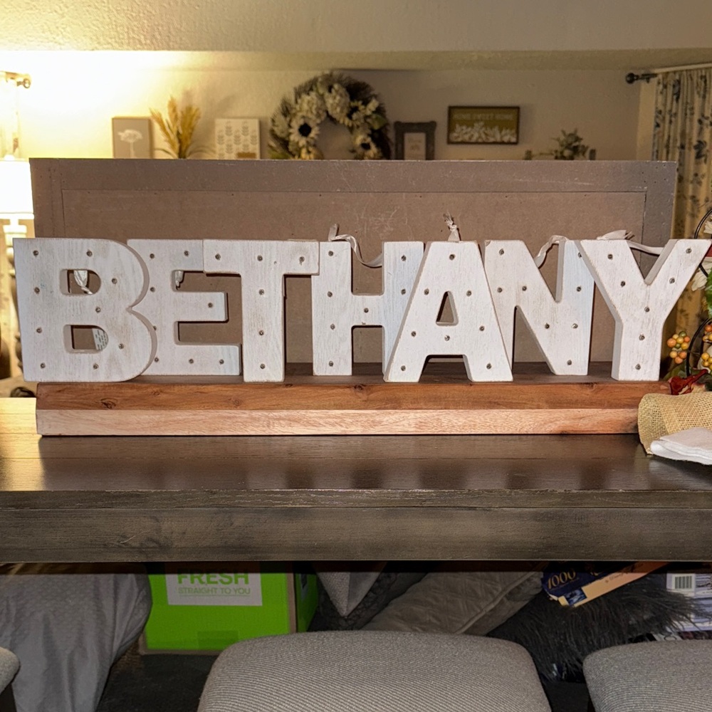White 6” Wooden 'BETHANY' Letters that light up
